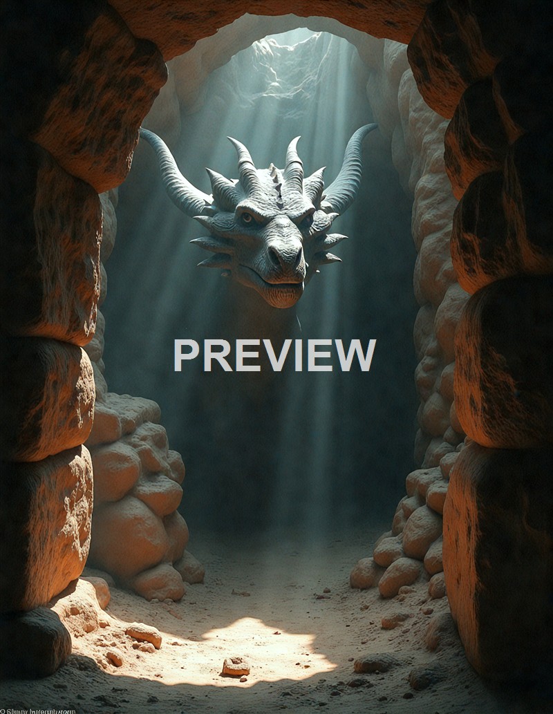 A large, mythical dragon's head with multiple horns emerging from the depths of a rocky cave illuminated by sunlight streaming through the opening above.